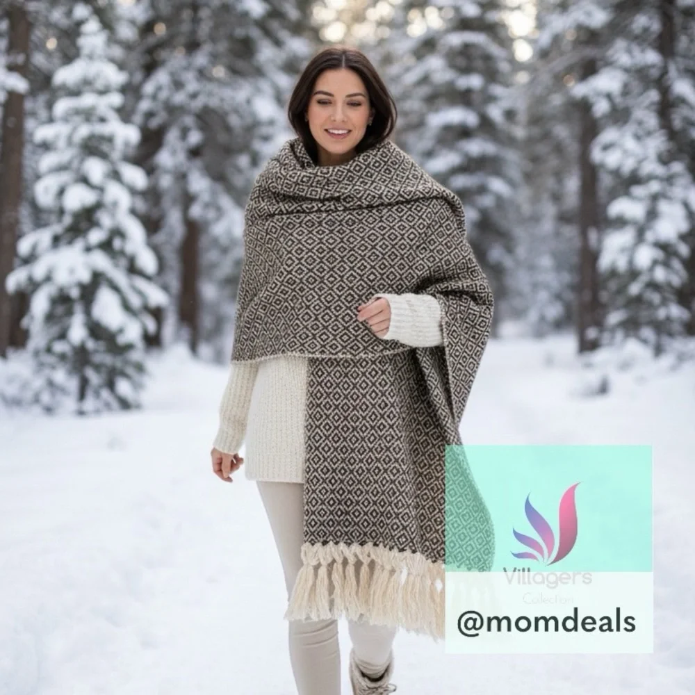 Mexican Rebozo Shawl in Brown on Cream –100% Raw Wool, Thick, Large Winter Wrap